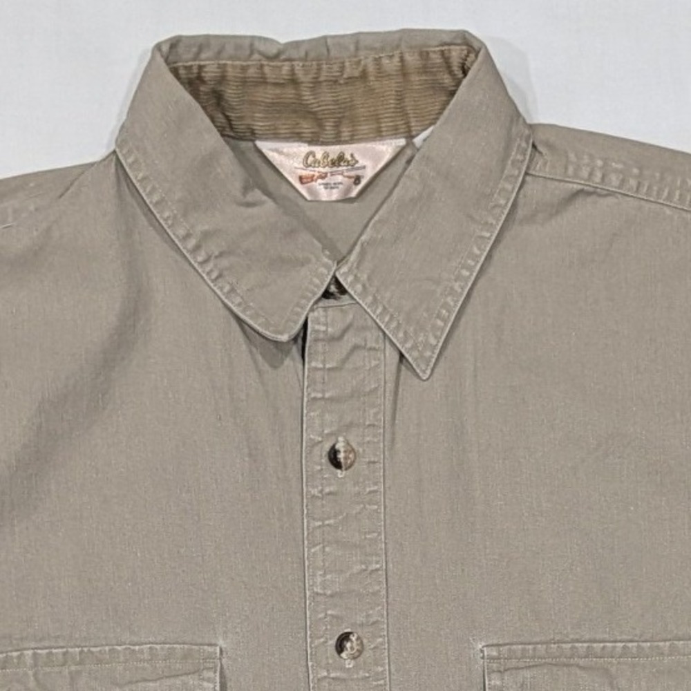 Cabela's Mens Khaki Canvas Work Shirt Flip Cuff Corduroy Trim Made in USA Medium